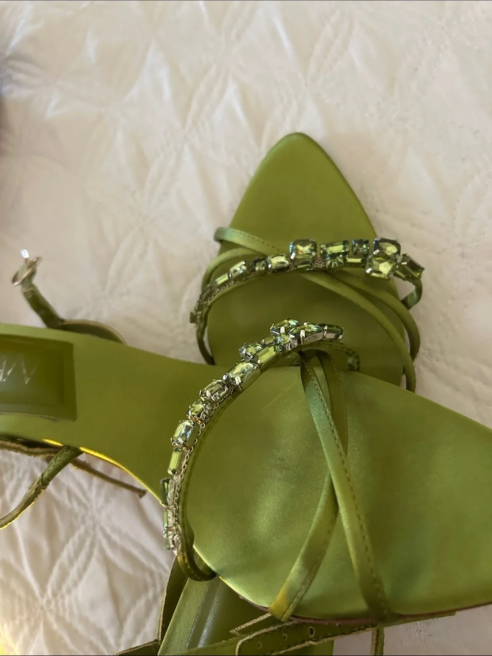 Delta Olive Green Jeweled Strap Pointed Toe Heels